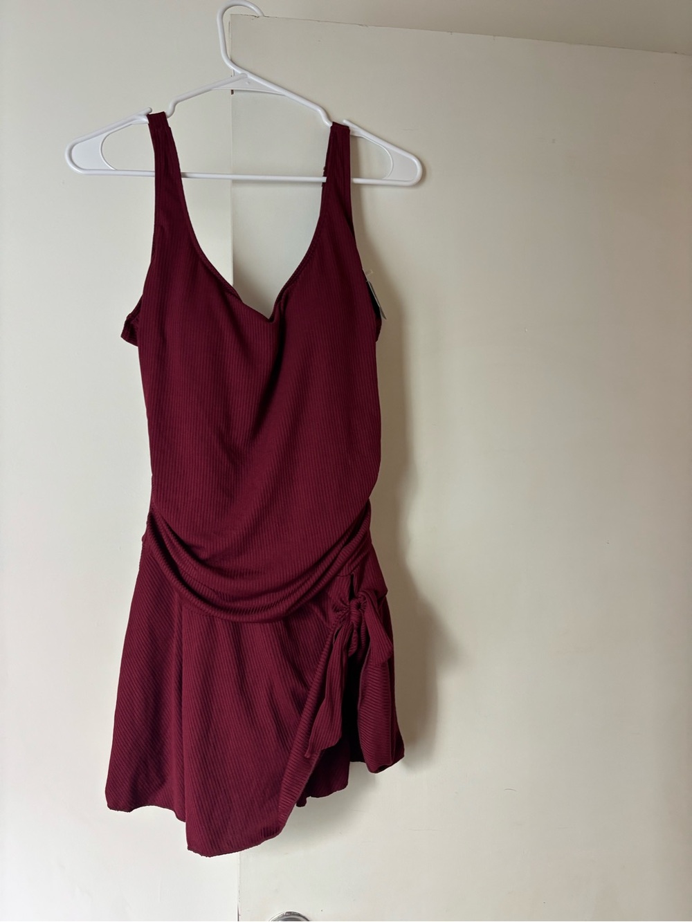 NWT Sleeveless Wine Ribbed Tie-Waist Mini Swim Dress